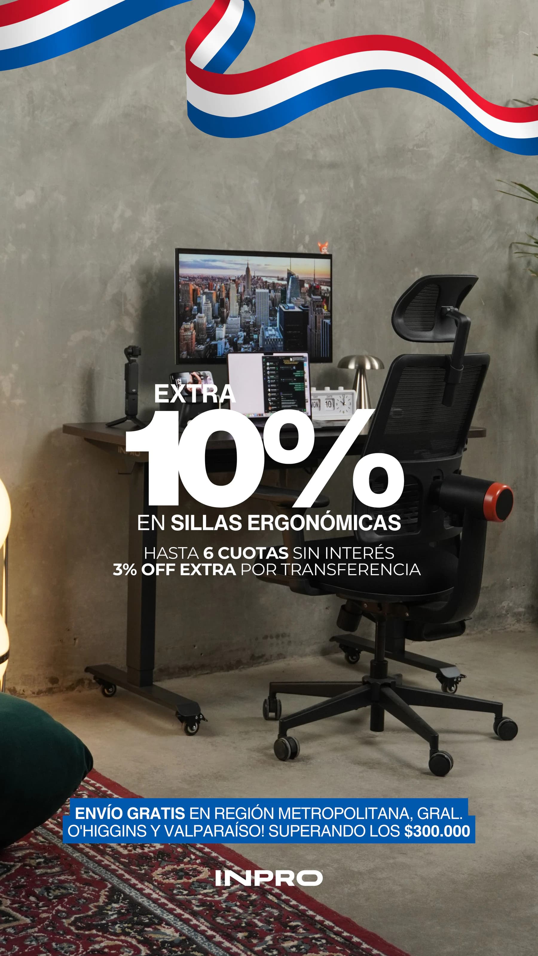 Promoción de septiembre: 10% extra en sillas ergonómicas, hasta 6 cuotas sin interés, 3% extra por transferencia y envío gratis en compras sobre $300.000 en Región Metropolitana, O'Higgins y Valparaíso
