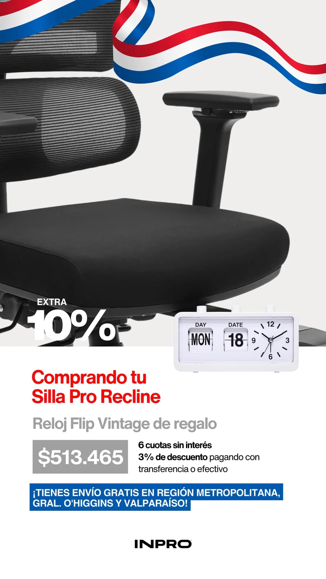 Silla Pro Recline con reloj Flip blanco de regalo. 10% extra, $513.465, 6 cuotas sin interés y 3% de descuento por transferencia o efectivo. Envío gratis en Región Metropolitana, O'Higgins y Valparaíso.