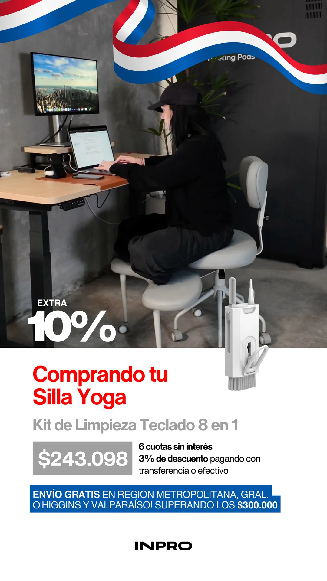Silla Yoga con Kit de Limpieza Teclado 8 en 1 de regalo. 10% extra, $243.098, 6 cuotas sin interés y 3% de descuento por transferencia o efectivo. Envío gratis sobre $300.000 en Región Metropolitana, O'Higgins y Valparaíso.